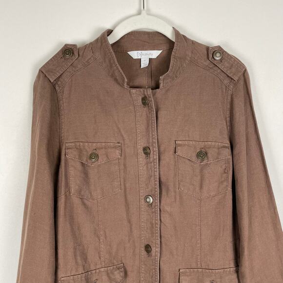 y2k Relativity Brown 100% Linen Utility Jacket Womens M Button Up Lightweight - Picture 11 of 12